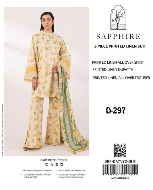 Presented 3 Piece Unstiched Luxury Digital Printed on linen fabric By SAPPHIRE D-297